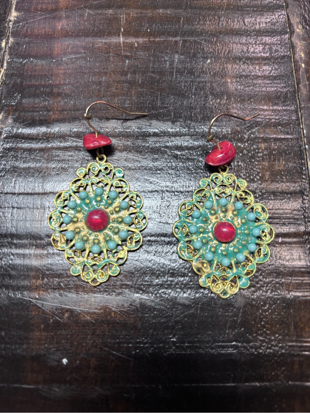 Boho Gold-Tone Drop Earrings with Turquoise and Red Accents